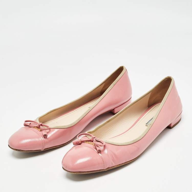 Pre Owned Prada Pink Saffiano Vernice Leather Bow Ballet Flats Size 42