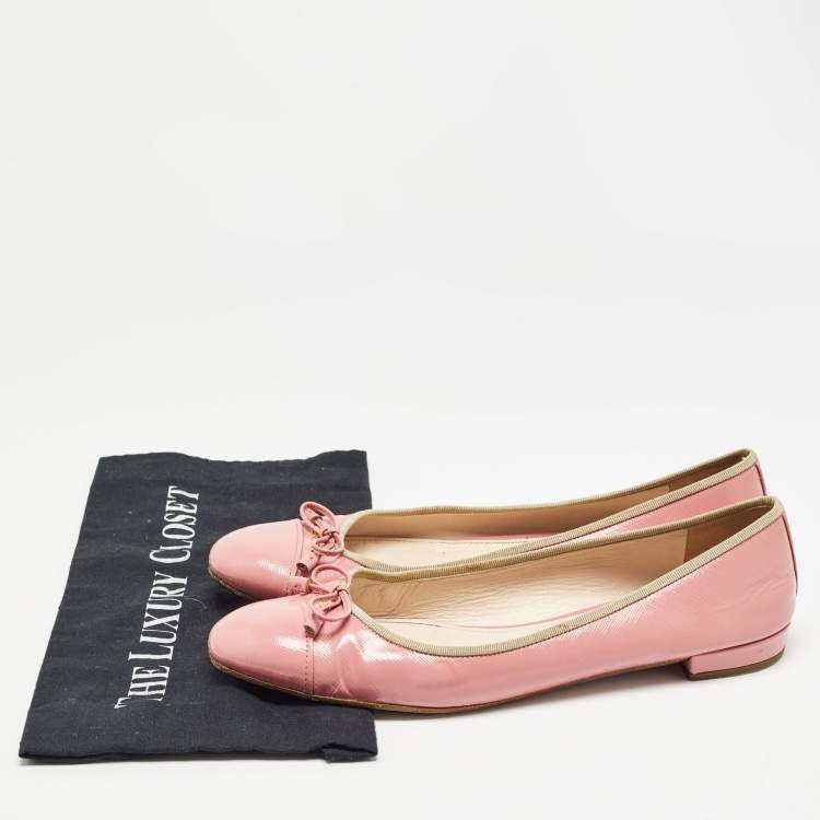 Pre Owned Prada Pink Saffiano Vernice Leather Bow Ballet Flats Size 42