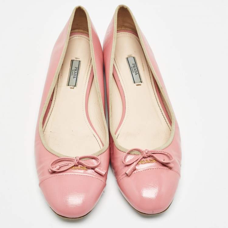 Pre Owned Prada Pink Saffiano Vernice Leather Bow Ballet Flats Size 42