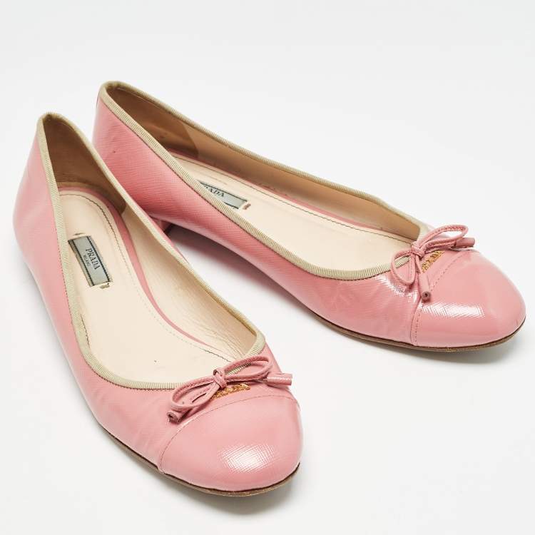 Pre Owned Prada Pink Saffiano Vernice Leather Bow Ballet Flats Size 42