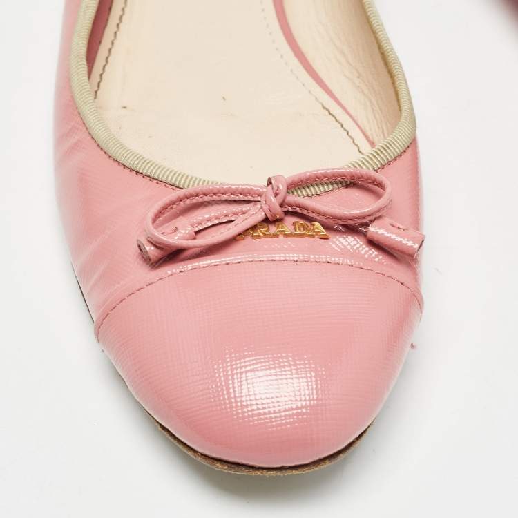 Pre Owned Prada Pink Saffiano Vernice Leather Bow Ballet Flats Size 42