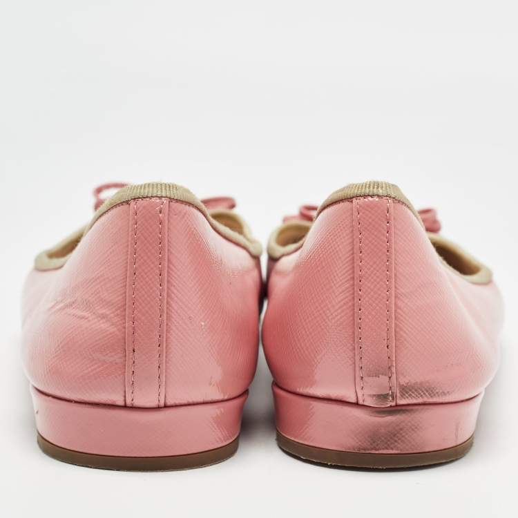 Pre Owned Prada Pink Saffiano Vernice Leather Bow Ballet Flats Size 42