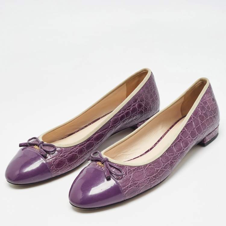 Pre Owned Prada Purple Embossed Croc and Patent Cap Toe Bow Ballet Flats Size 42