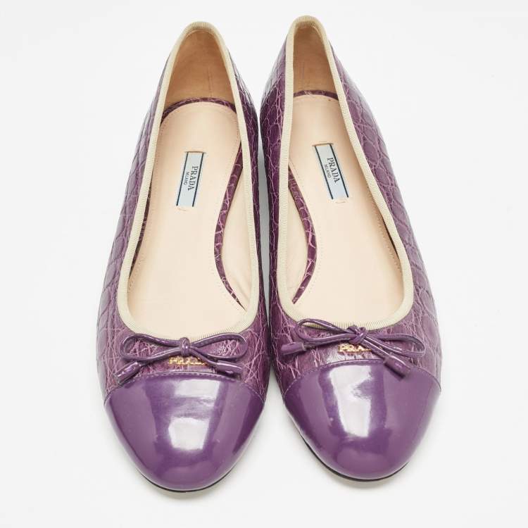 Pre Owned Prada Purple Embossed Croc and Patent Cap Toe Bow Ballet Flats Size 42