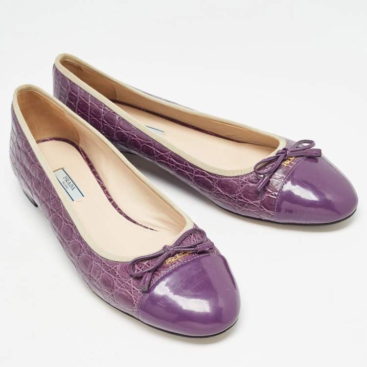 Pre Owned Prada Purple Embossed Croc and Patent Cap Toe Bow Ballet Flats Size 42