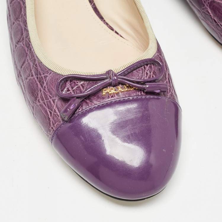 Pre Owned Prada Purple Embossed Croc and Patent Cap Toe Bow Ballet Flats Size 42