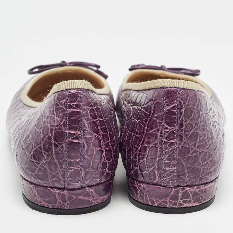 Pre Owned Prada Purple Embossed Croc and Patent Cap Toe Bow Ballet Flats Size 42