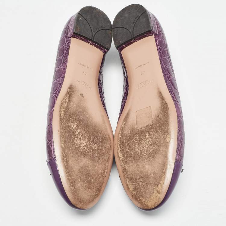 Pre Owned Prada Purple Embossed Croc and Patent Cap Toe Bow Ballet Flats Size 42