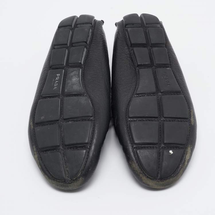 Pre Owned Prada Black Leather Bow Slip On Loafers Size 35