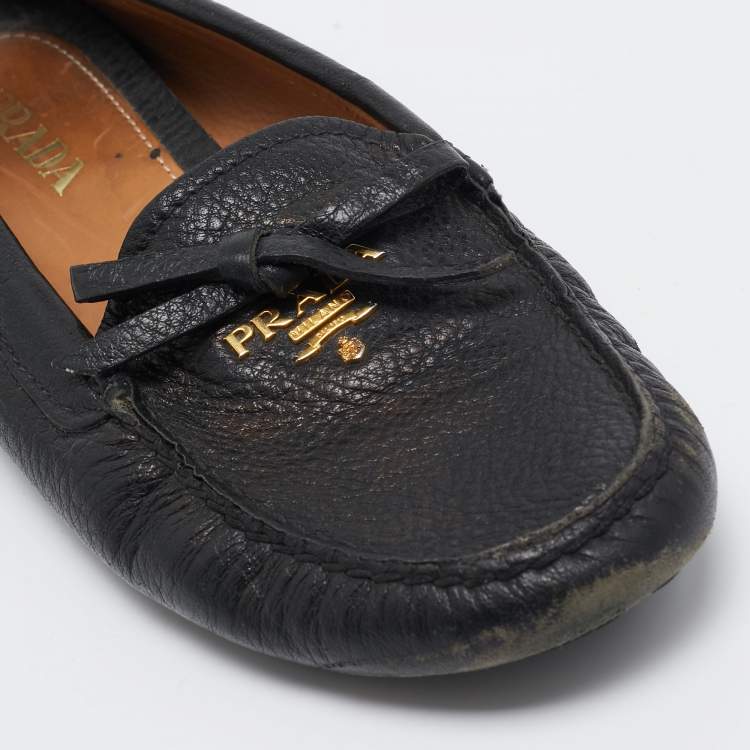 Pre Owned Prada Black Leather Bow Slip On Loafers Size 35