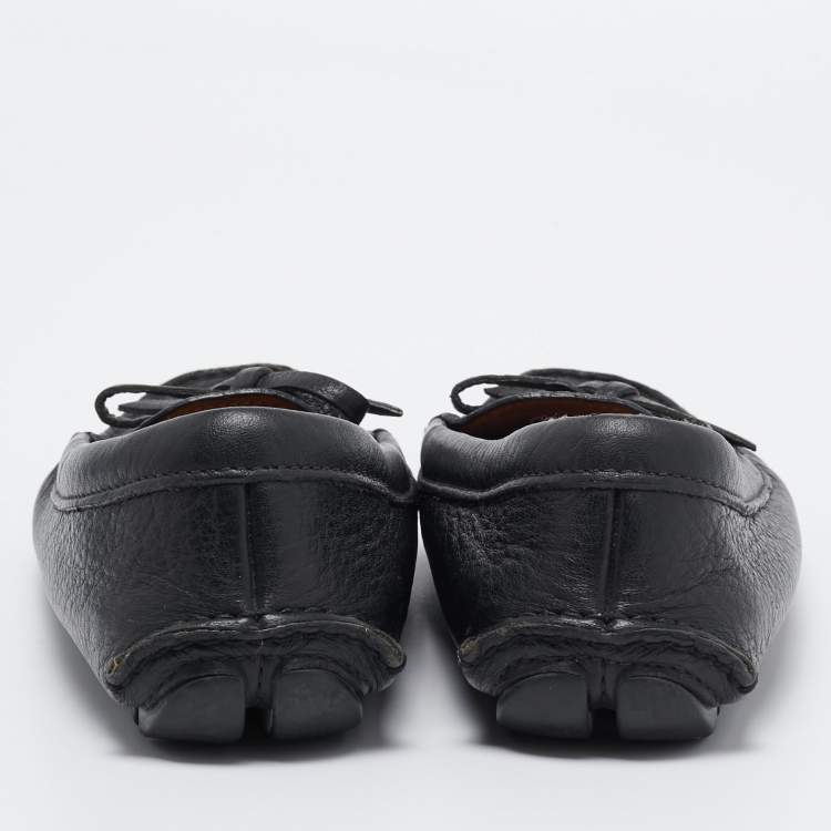 Pre Owned Prada Black Leather Bow Slip On Loafers Size 35