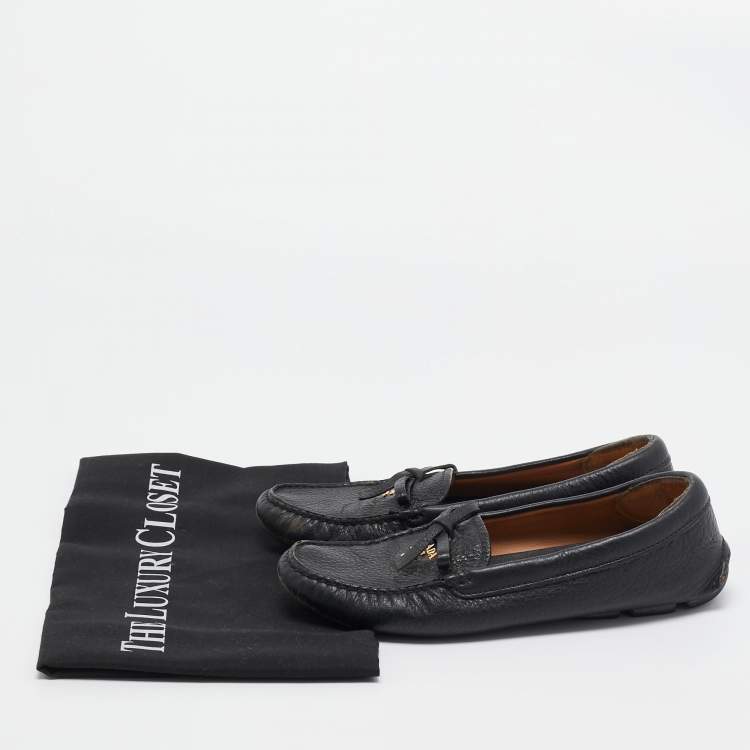 Pre Owned Prada Black Leather Bow Slip On Loafers Size 35