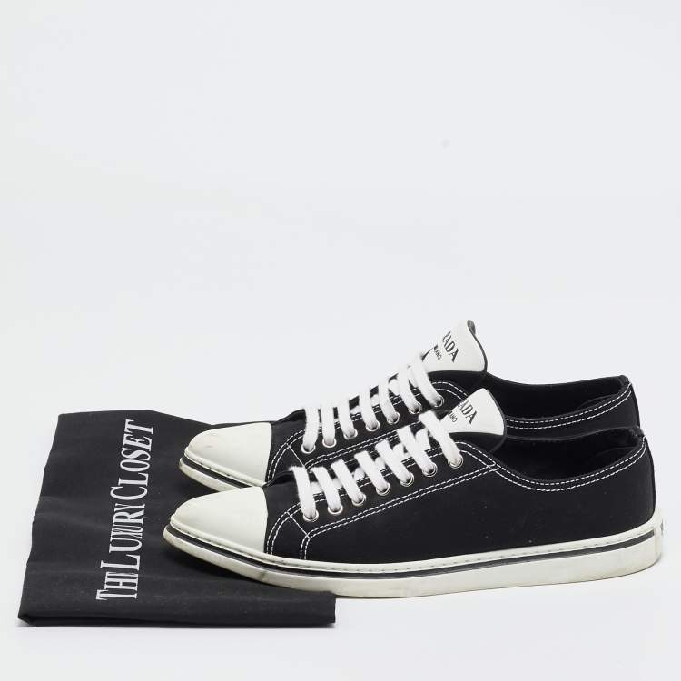 Pre Owned Prada Black/White Canvas Point Toe Low Top Sneakers Size 36.5