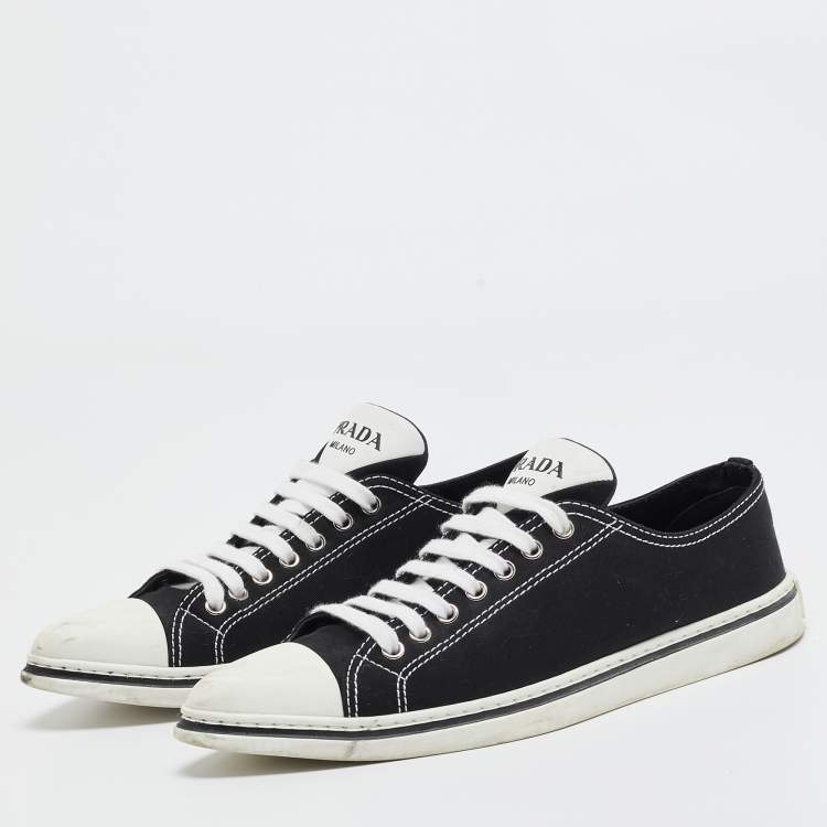 Pre Owned Prada Black/White Canvas Point Toe Low Top Sneakers Size 36.5