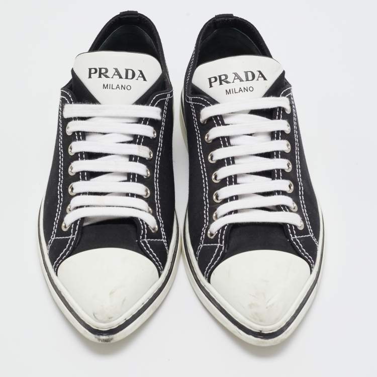 Pre Owned Prada Black/White Canvas Point Toe Low Top Sneakers Size 36.5