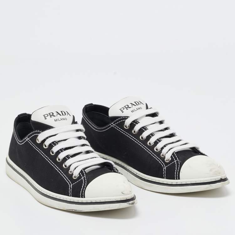 Pre Owned Prada Black/White Canvas Point Toe Low Top Sneakers Size 36.5