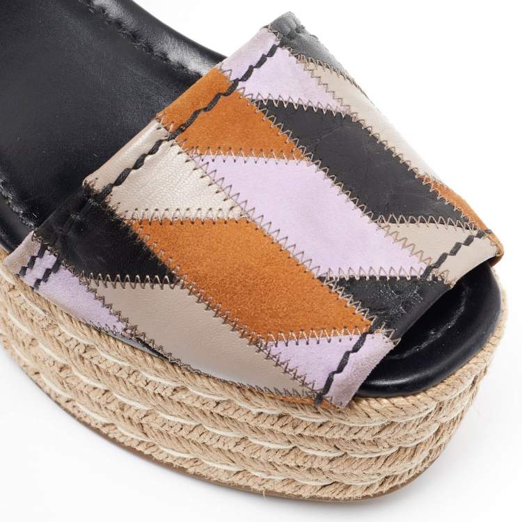 Pre Owned Prada Multicolor Leather and Suede Espadrille Platform Ankle Sandals Size 39