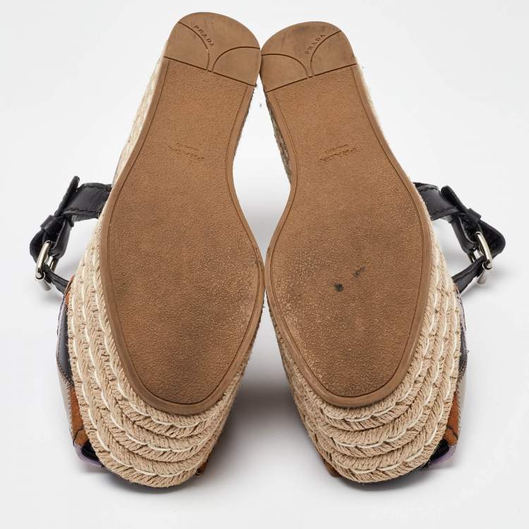 Pre Owned Prada Multicolor Leather and Suede Espadrille Platform Ankle Sandals Size 39