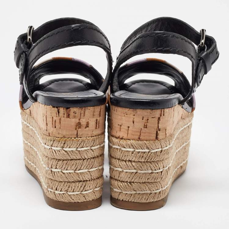 Pre Owned Prada Multicolor Leather and Suede Espadrille Platform Ankle Sandals Size 39