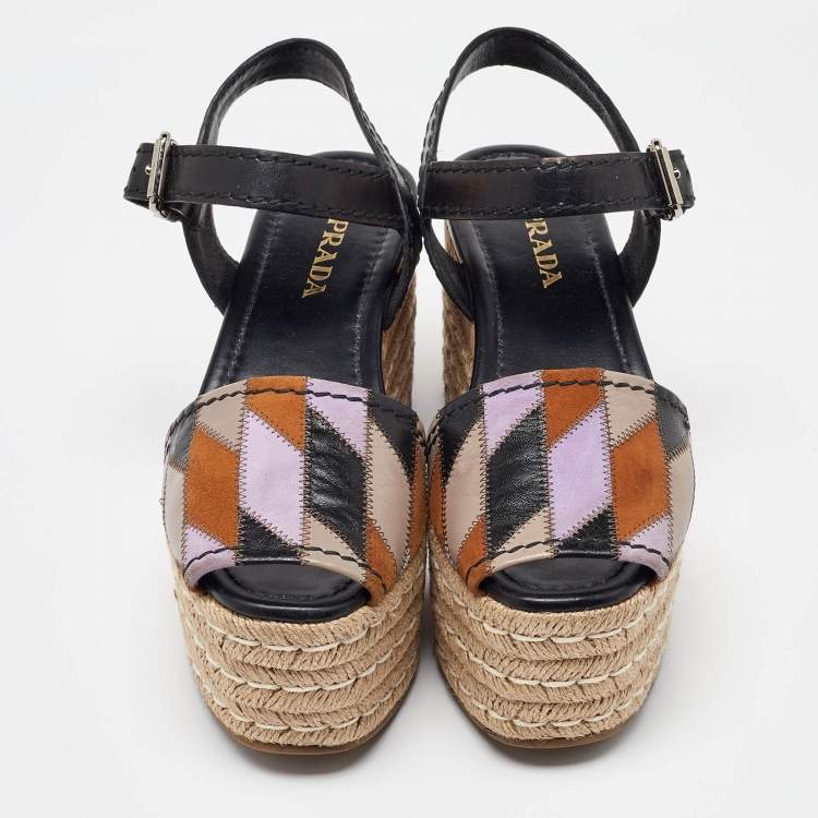 Pre Owned Prada Multicolor Leather and Suede Espadrille Platform Ankle Sandals Size 39