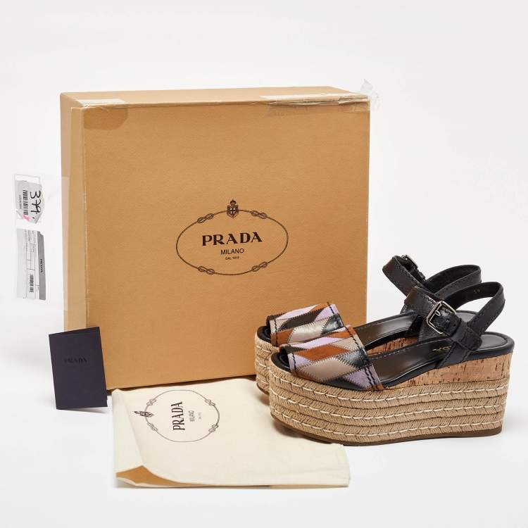 Pre Owned Prada Multicolor Leather and Suede Espadrille Platform Ankle Sandals Size 39