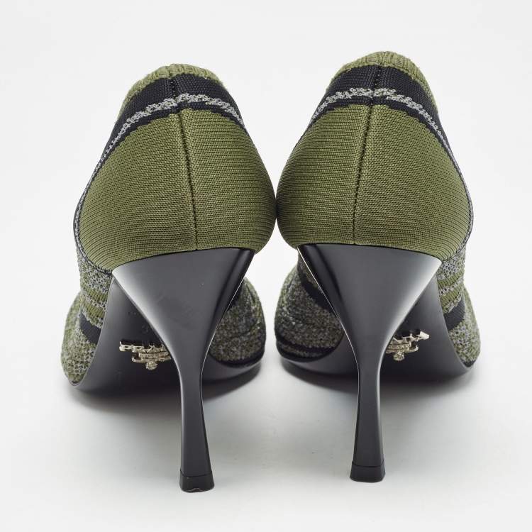 Pre Owned Prada Green Printed Knit Fabric Pointed Toe Pumps Size 36.5