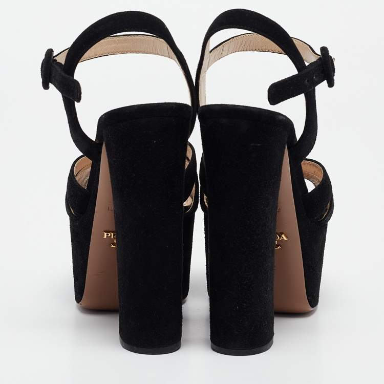 Pre Owned Prada Black Suede Platform Ankle Strap Sandals Size 36