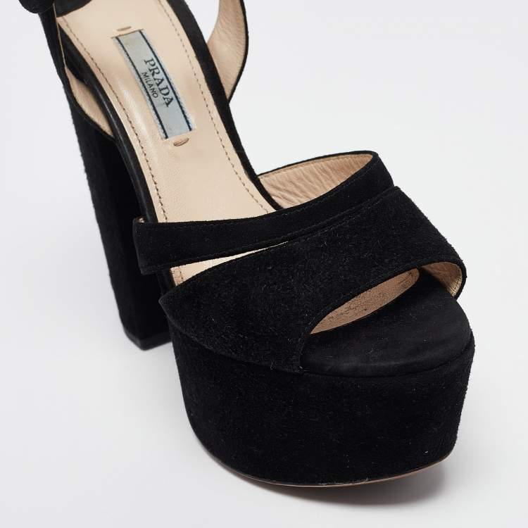 Pre Owned Prada Black Suede Platform Ankle Strap Sandals Size 36