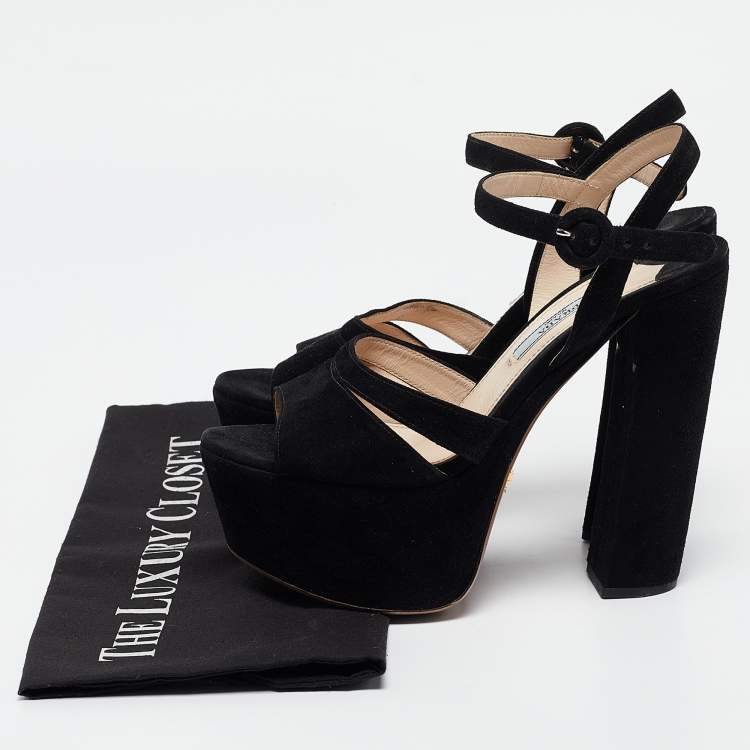 Pre Owned Prada Black Suede Platform Ankle Strap Sandals Size 36