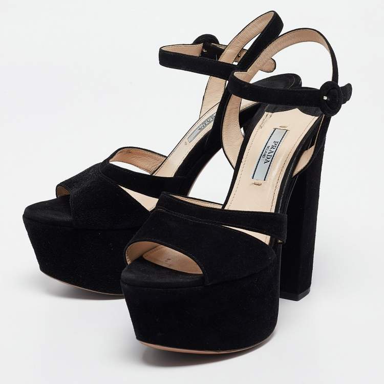 Pre Owned Prada Black Suede Platform Ankle Strap Sandals Size 36