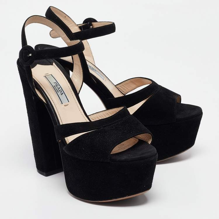 Pre Owned Prada Black Suede Platform Ankle Strap Sandals Size 36