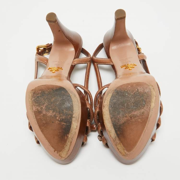Pre Owned Prada Brown Leather Bow Slingback Sandals Size 37.5