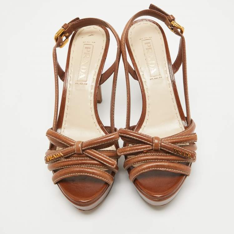 Pre Owned Prada Brown Leather Bow Slingback Sandals Size 37.5