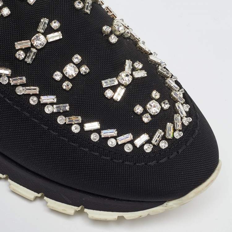 Pre Owned Prada Black Canvas Crystal Embellished Slip on Sneakers Size 38.5