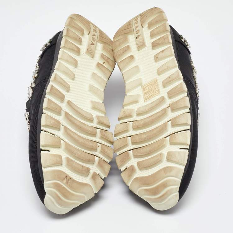 Pre Owned Prada Black Canvas Crystal Embellished Slip on Sneakers Size 38.5