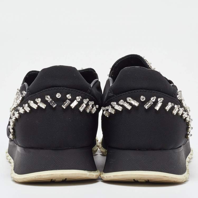 Pre Owned Prada Black Canvas Crystal Embellished Slip on Sneakers Size 38.5
