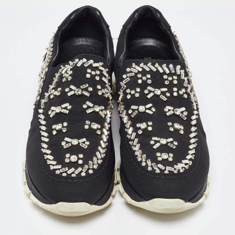 Pre Owned Prada Black Canvas Crystal Embellished Slip on Sneakers Size 38.5