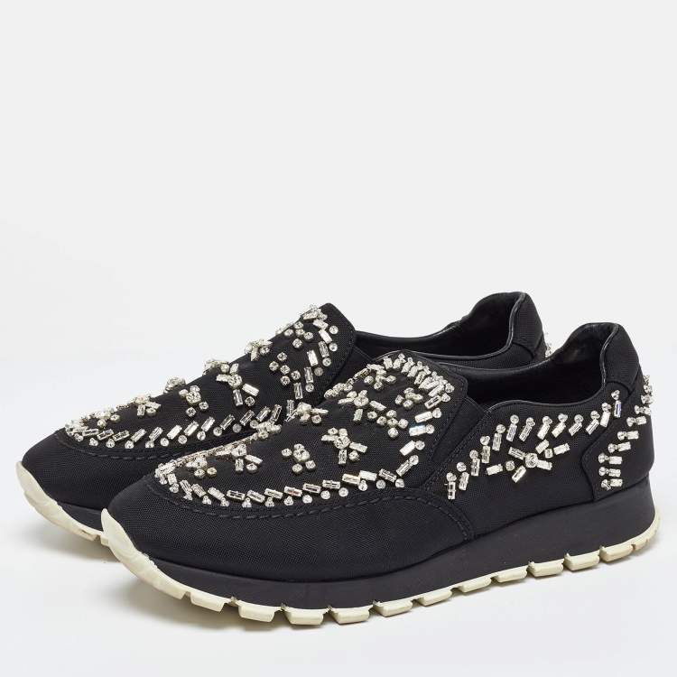 Pre Owned Prada Black Canvas Crystal Embellished Slip on Sneakers Size 38.5