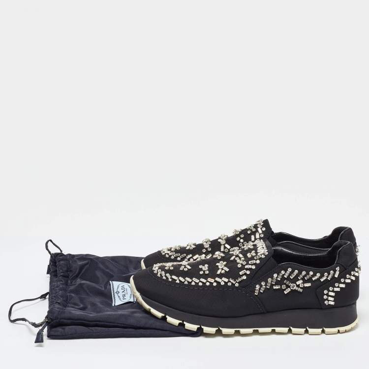 Pre Owned Prada Black Canvas Crystal Embellished Slip on Sneakers Size 38.5