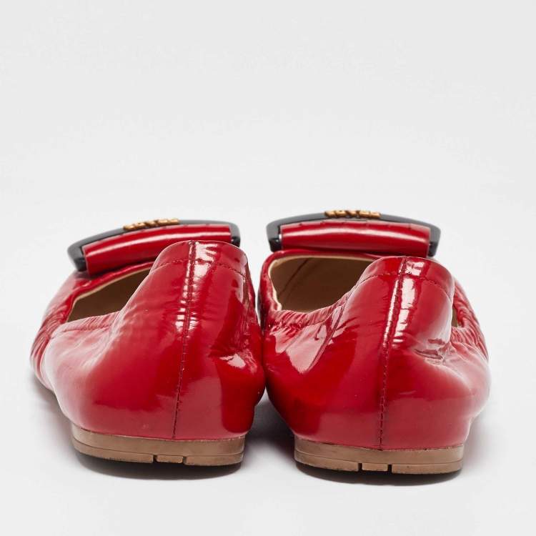 Pre Owned Prada Red Patent Leather Fringe Scrunch Ballet Flats Size 36