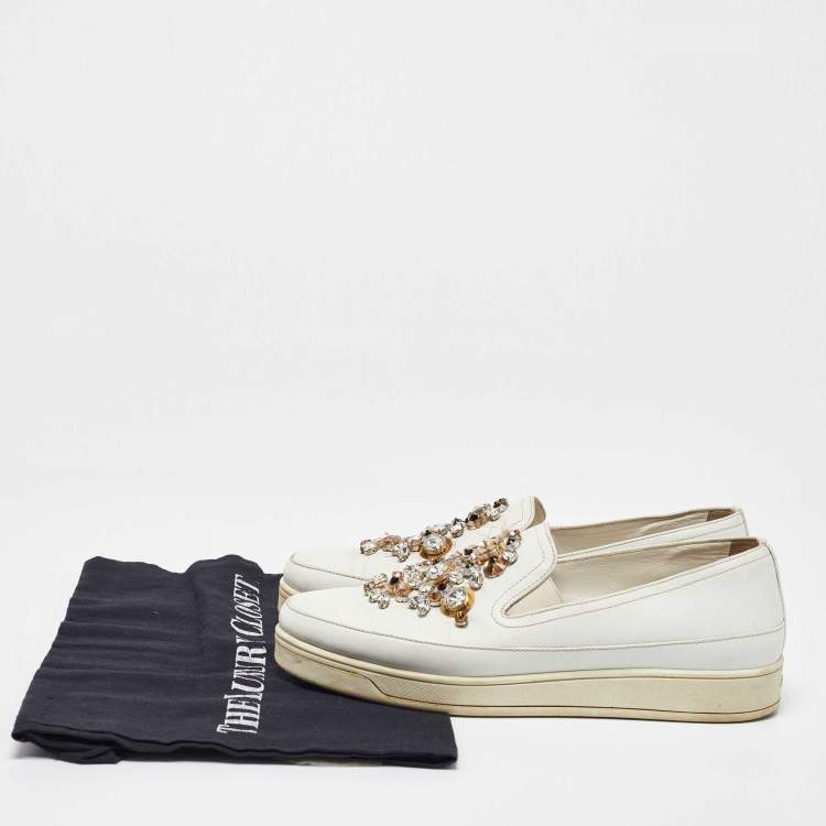 Pre Owned Prada White Leather Crystal Embellished Slip On Sneakers Size 36.5