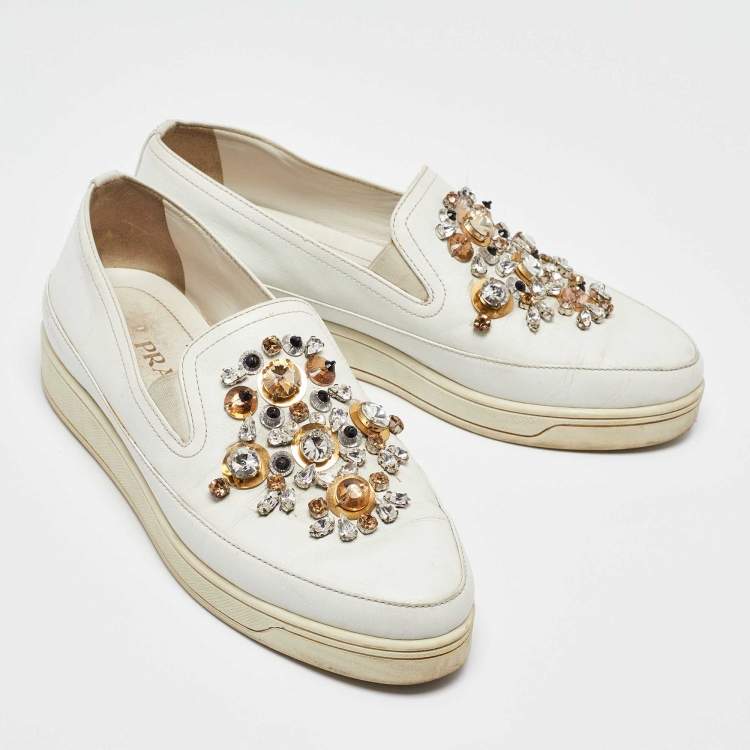 Pre Owned Prada White Leather Crystal Embellished Slip On Sneakers Size 36.5