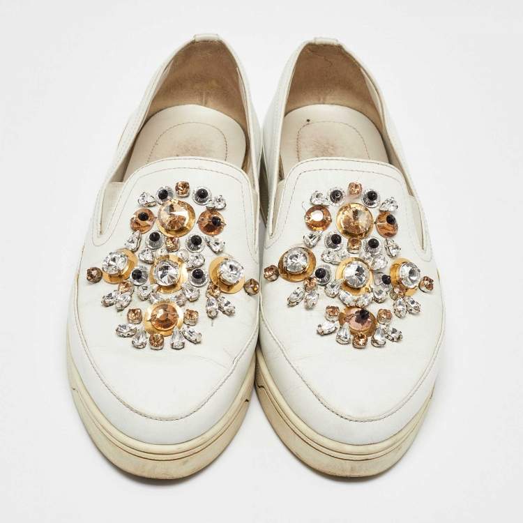 Pre Owned Prada White Leather Crystal Embellished Slip On Sneakers Size 36.5