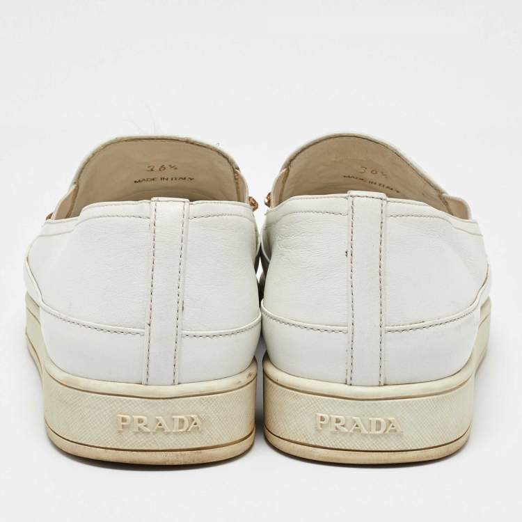 Pre Owned Prada White Leather Crystal Embellished Slip On Sneakers Size 36.5