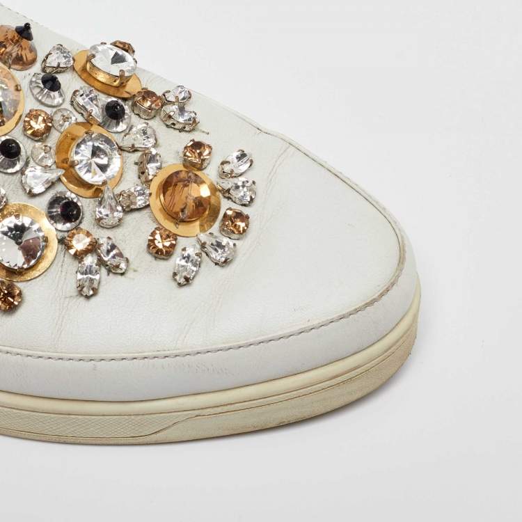 Pre Owned Prada White Leather Crystal Embellished Slip On Sneakers Size 36.5