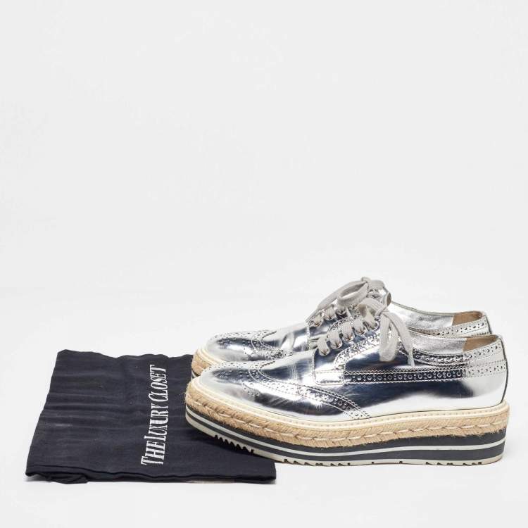 Pre Owned Prada Silver Brogue Leather Wave Wingtip Espadrille Platform Derby Sneakers Size 38