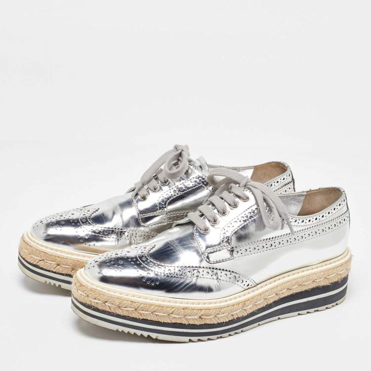Pre Owned Prada Silver Brogue Leather Wave Wingtip Espadrille Platform Derby Sneakers Size 38