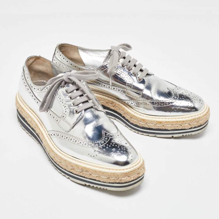 Pre Owned Prada Silver Brogue Leather Wave Wingtip Espadrille Platform Derby Sneakers Size 38