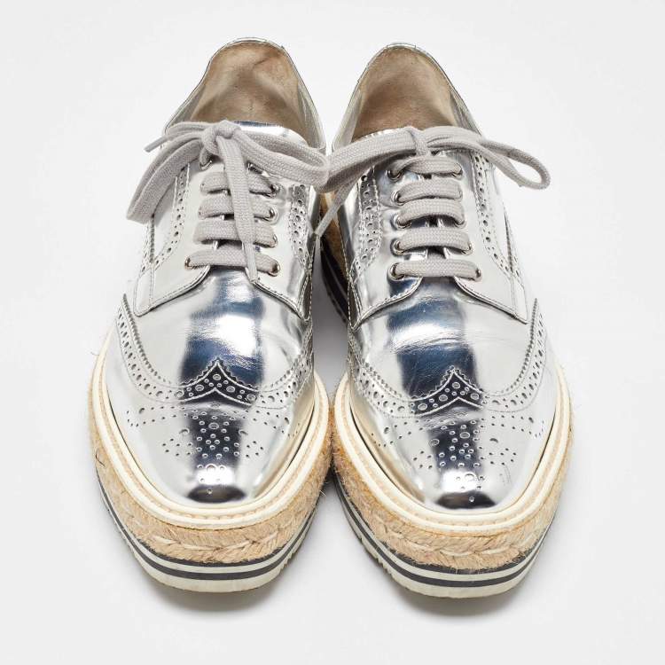 Pre Owned Prada Silver Brogue Leather Wave Wingtip Espadrille Platform Derby Sneakers Size 38
