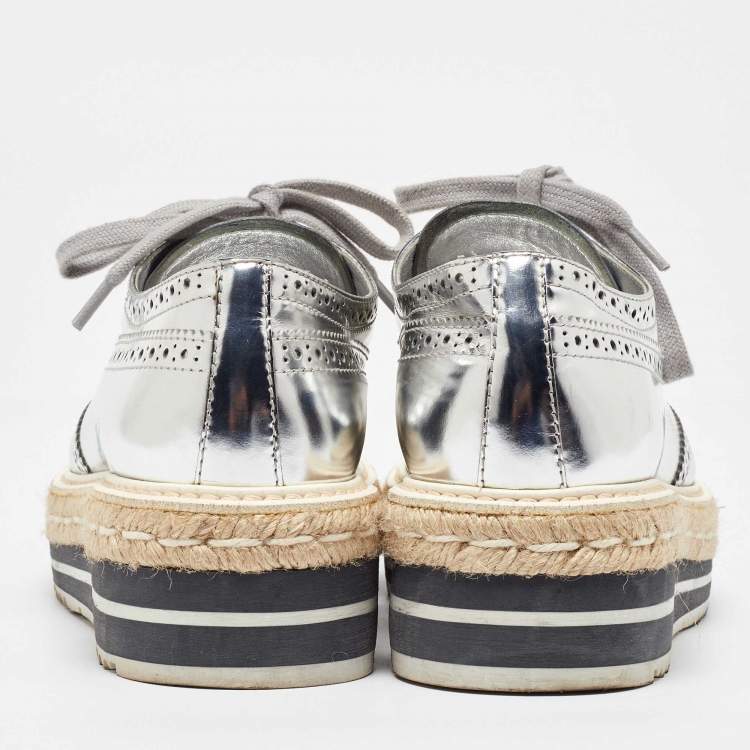 Pre Owned Prada Silver Brogue Leather Wave Wingtip Espadrille Platform Derby Sneakers Size 38